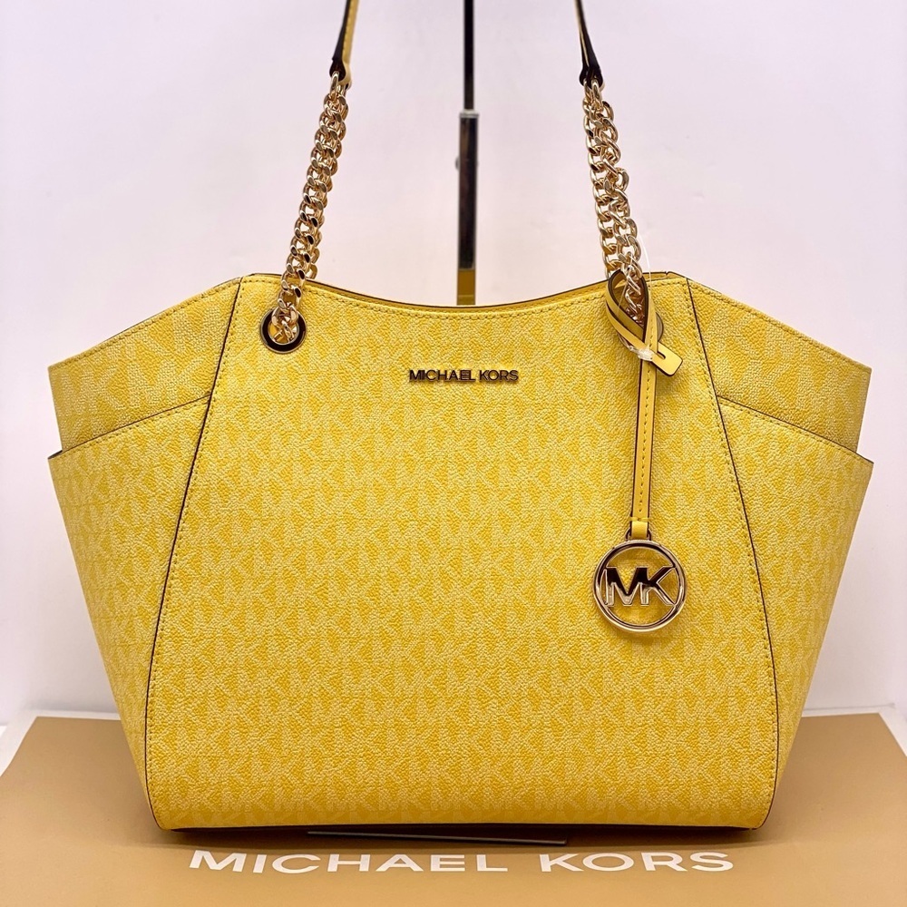Michael Kors Signature Logo Chain Shoulder Tote DAISY YELLOW - Picture 2 of 14